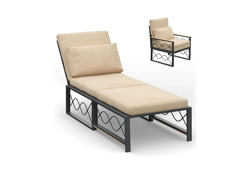 Aecojoy Outdoor Metal Chaise Lounge Chair, Convertible Patio Armchair with Cushions, Adjustable 5-Position Recliner