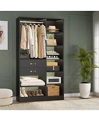 Aheaplus 8FT Walk Closet Organizer with 3 Shelving Towers, Heavy Duty Clothes Rack Drawers