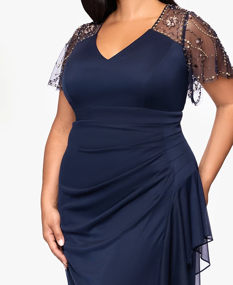Xscape Plus Beaded Flutter Short Sleeves Sheath Dress