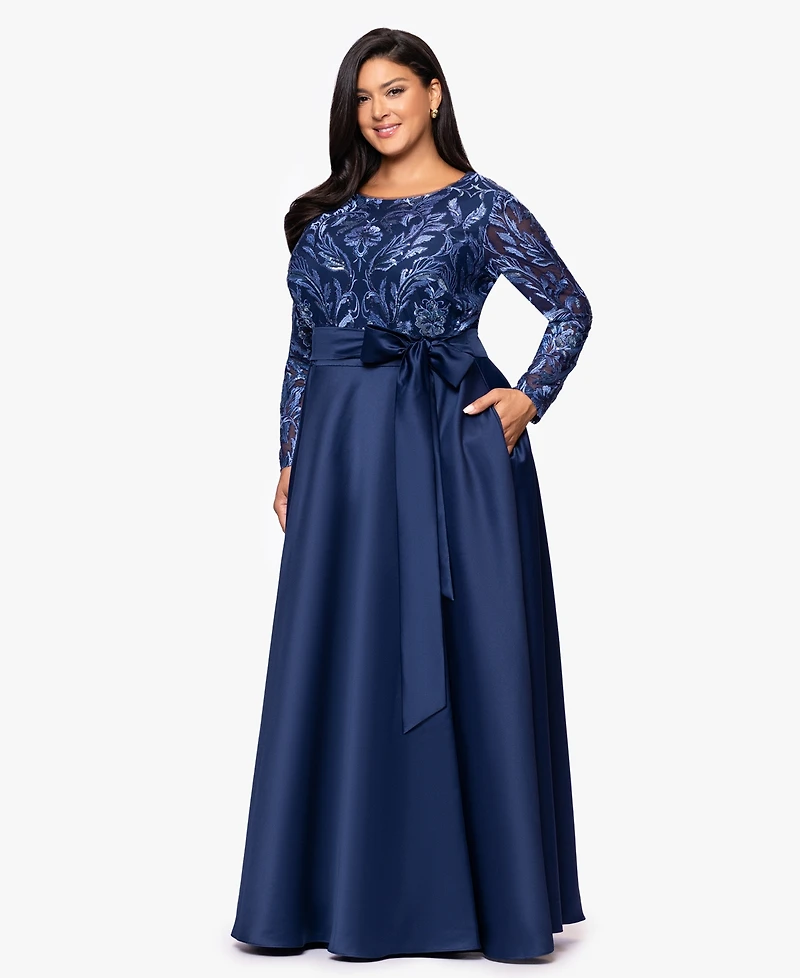Xscape Plus Sequin Mesh Detail Long Sleeves Dress