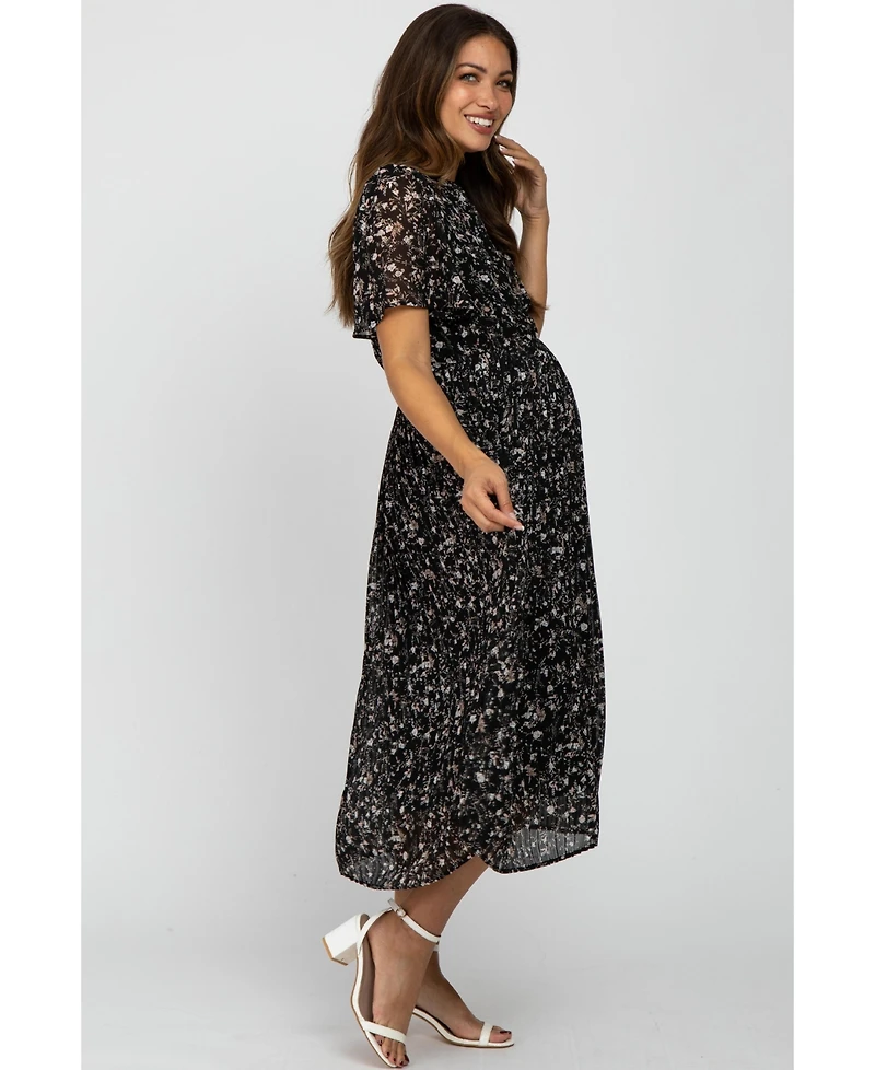 Pinkblush Maternity Teal Floral Pleated Chiffon Midi Dress