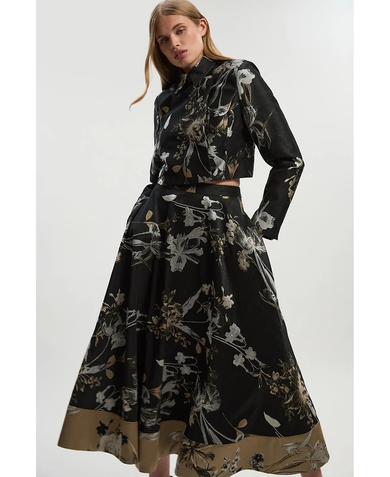 Karen Millen Women's Floral Jacquard Tailored Full Midi Skirt
