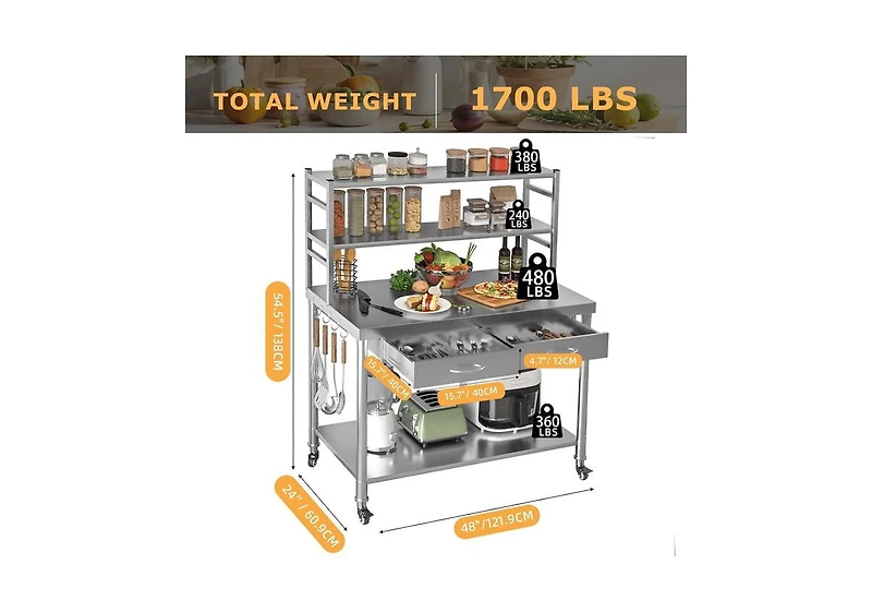 Aecojoy Stainless Steel Table with Shelves and Drawer 48"x24" Prep Table for Commercial Kitchen
