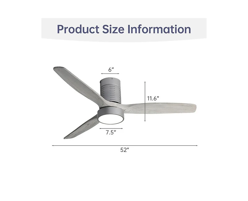 52-inch Modern Silver 3-Blade Flush Mount Fans Supports Remote Control 6-Speed Arbitrary Adjustment and Timing Function