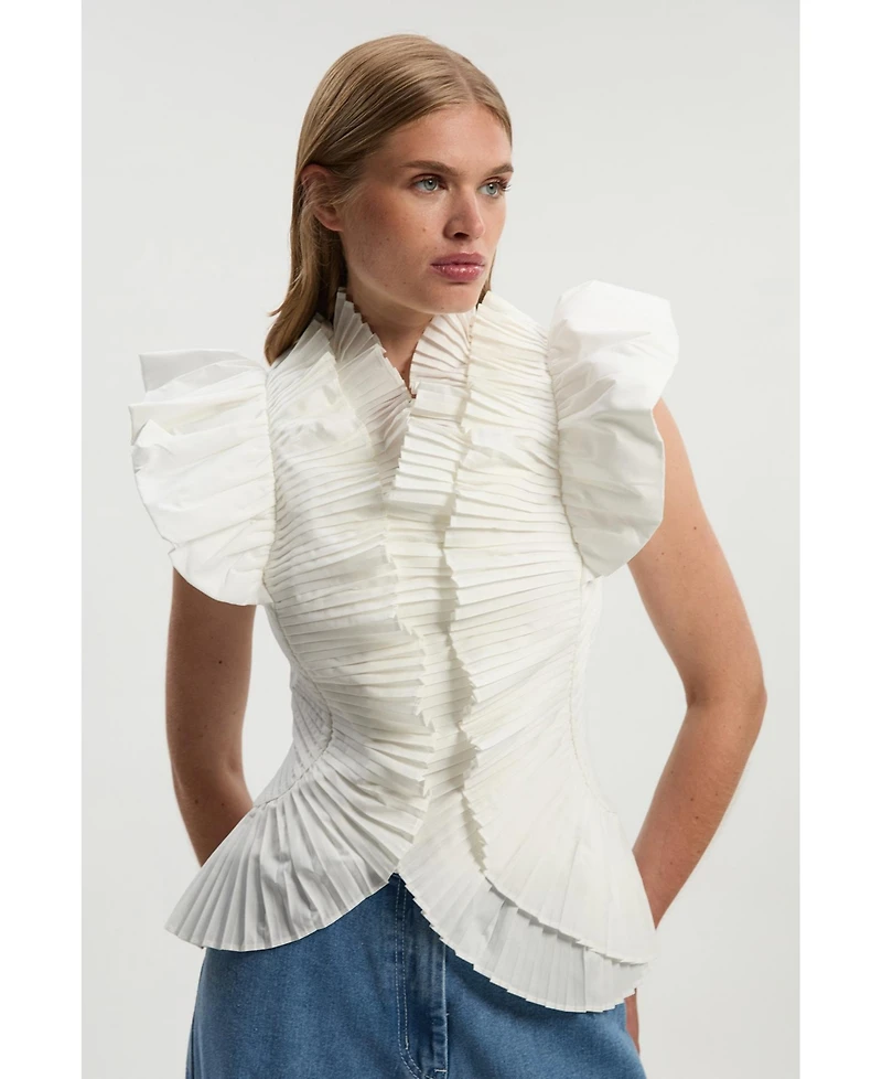 Karen Millen Women's Pleated Ruffle Sleeve Woven Top