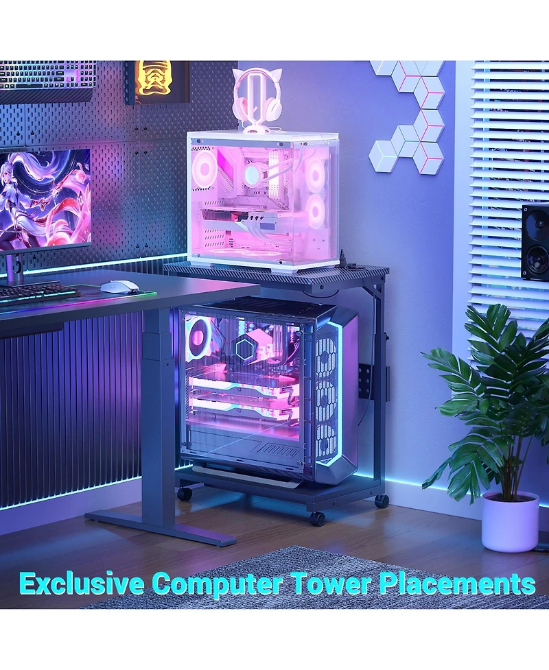 Height Adjustable Computer Tower Stand with Charging Station, Mobile Rolling Cpu Holder Wheels