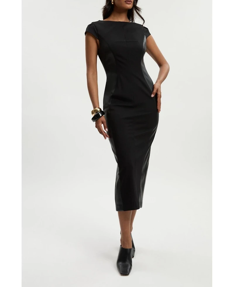 Karen Millen Women's Ponte And Pu Mix Pencil Midi Dress