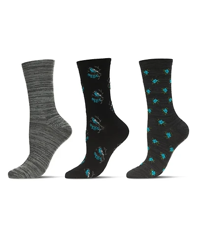 MeMoi Women's 3 Pair Pack Birds Rayon From Crew Socks