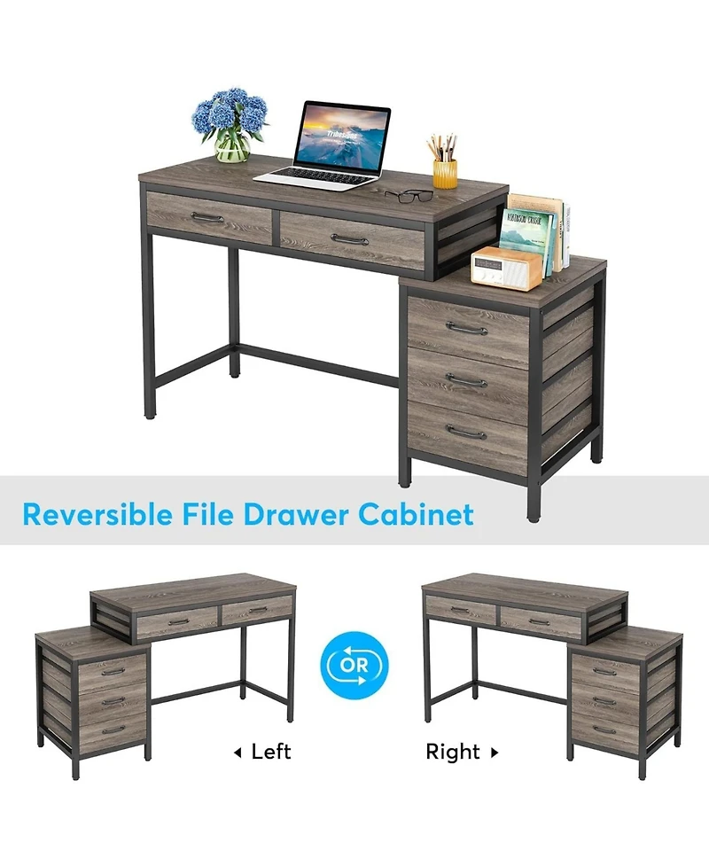 Tribesigns Computer Desk with 5 Drawers, Home Office Desks with Reversible Drawer Cabinet Printer Stand, Rustic Study Writing Table Workstation