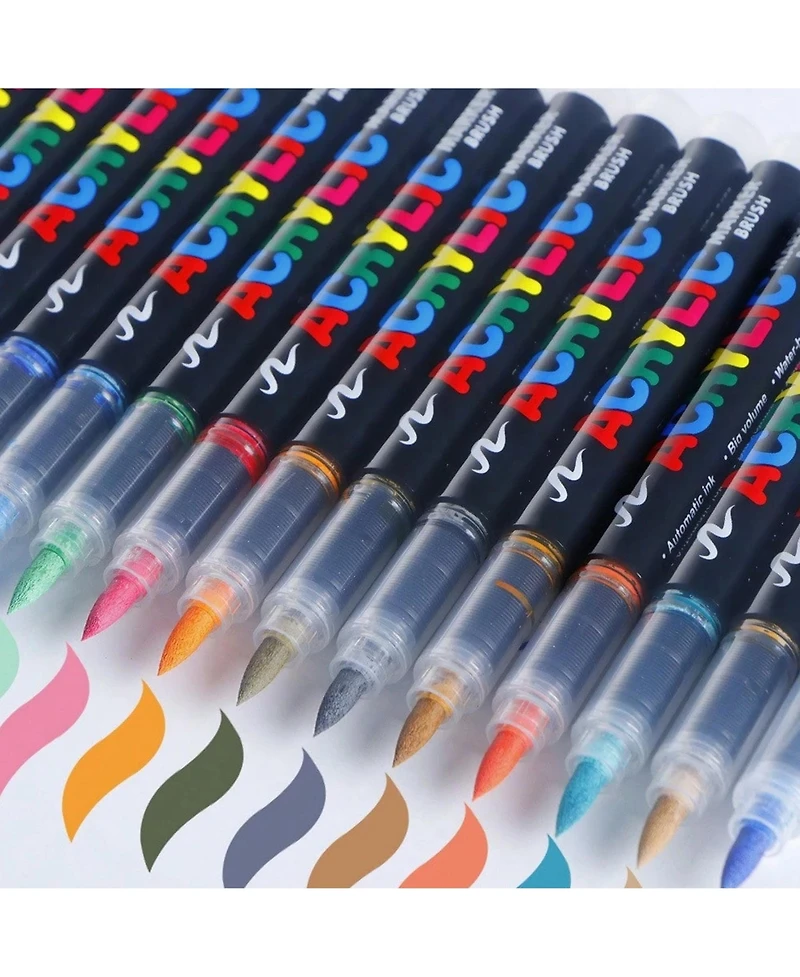 Htutwoo 12 Vivid Colors, Acrylic Paint Markers Brush Tip, with Direct-Liquid Ink System,for Rock Painting, Plastic, Fabric and Creative Crafts