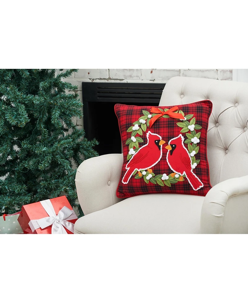 Red Cardinal on Holly Wreath Plaid Cotton Blend Christmas Tufted Accent Throw Pillow 18" x 18"