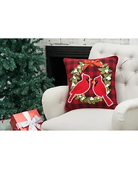 Red Cardinal on Holly Wreath Plaid Cotton Blend Christmas Tufted Accent Throw Pillow 18" x 18"