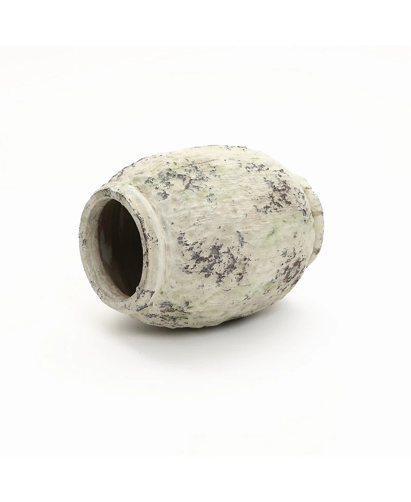 LuxenHome Antique Terracotta Vase, 10-Inch Tall Off-White Pot with Mossy Green Patina, Rustic Decor