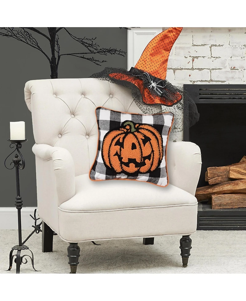 Jack-o-Lantern Pumpkin Check Tufted Halloween Accent Pillow, 12" x 12"