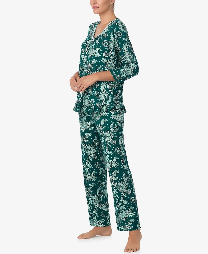 Ellen Tracy Women's Printed V-Neck Top and Drawstring Pants Pajama Set