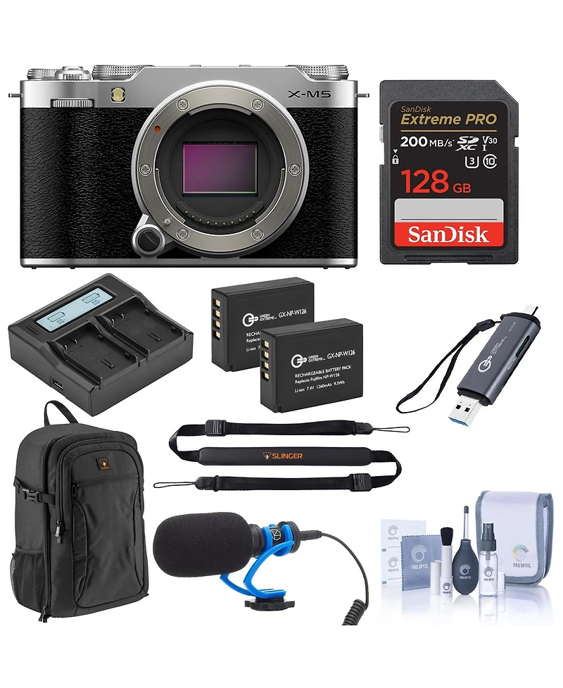 Fujifilm X-M5 Mirrorless Camera, Silver, Bundle with 128GB Memory Card, 2x Extra Battery, Shotgun Microphone, Card Reader and Backpack