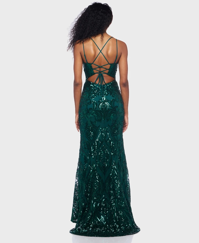B Darlin Juniors' Sequin-Pattern Lace-Up V-Neck Gown, Created for Macy's