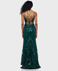 B Darlin Juniors' Sequin-Pattern Lace-Up V-Neck Gown, Created for Macy's
