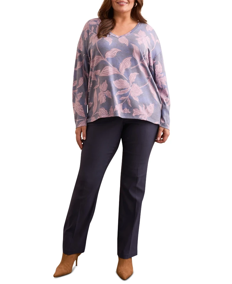 Tribal Plus Fuzzy Soft V-Neck Combo Print Knit Top