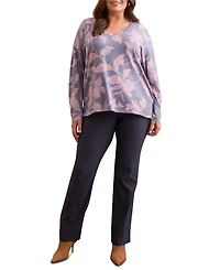 Tribal Plus Fuzzy Soft V-Neck Combo Print Knit Top