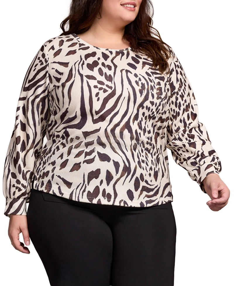 Tribal Plus Printed Long Sleeve Crew Neck Knit Top