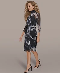 Donna Karan New York Women's Printed 3/4-Sleeve Gathered Overlay Front Dress