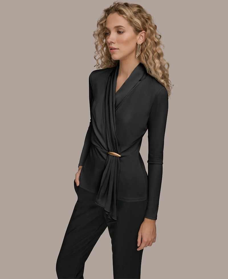 Donna Karan New York Women's Long Sleeves Drape Neck Bar Hardware Top
