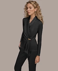 Donna Karan New York Women's Long Sleeves Drape Neck Bar Hardware Top