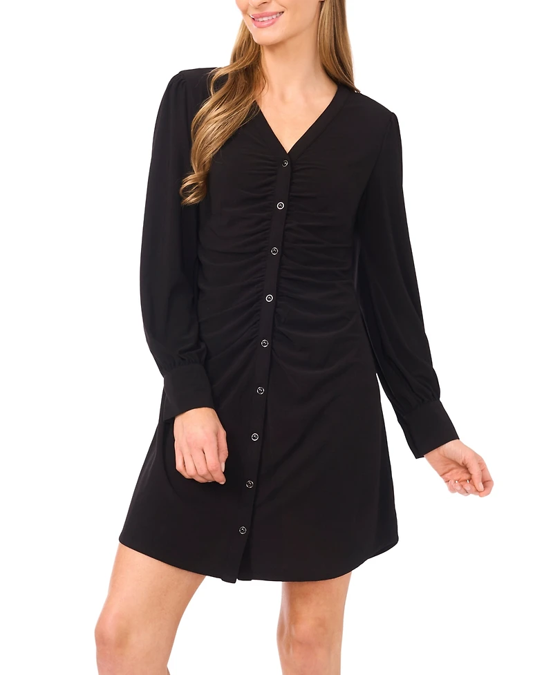 CeCe Women's V-Neck Button Down Long Sleeve Dress