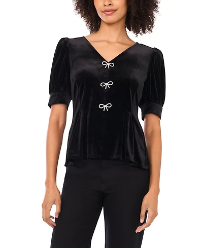 CeCe Women's Velvet Bow Short Sleeve V -Neck Top