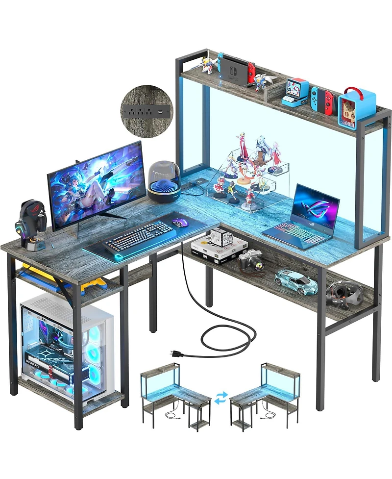 L Shaped Desk with Hutch, Led Lights, Reversible Corner Power Outlet