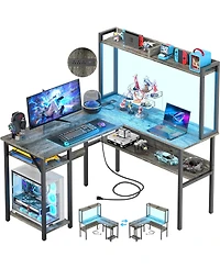 L Shaped Desk with Hutch, Led Lights, Reversible Corner Power Outlet