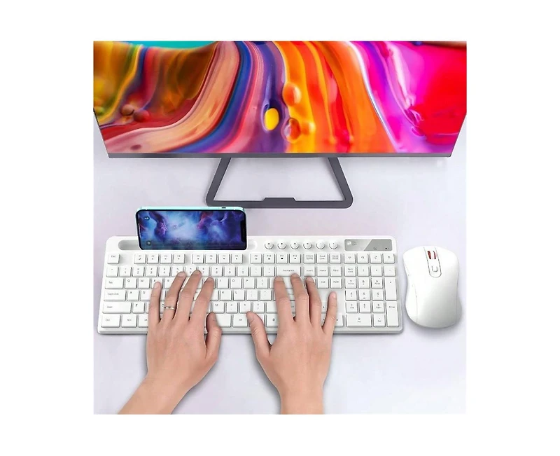Risokeys Wireless Keyboard And Mouse Combo, 2.4G Wireless Computer Keyboard With Phone Tablet Holder, Silent Mouse With 6 Button, Compatible With, Whi