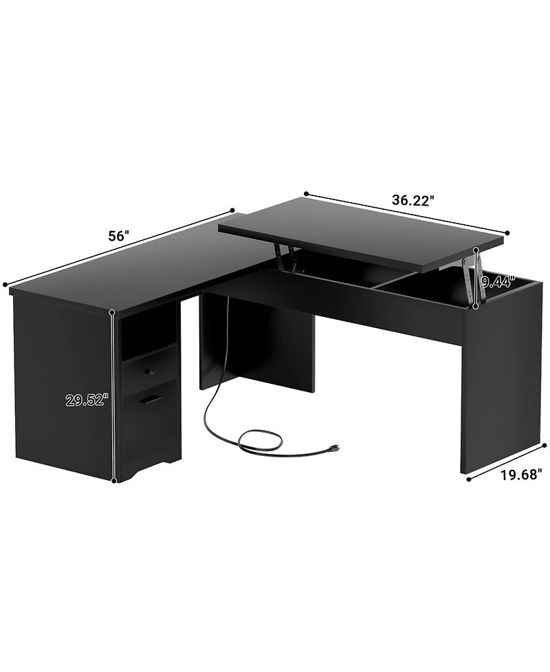 56'' Lift Top Computer Desk with Drawers and Power Outlets, Executive