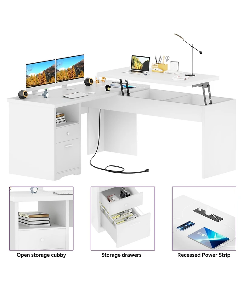 56'' Lift Top Computer Desk with Drawers and Power Outlets, Executive