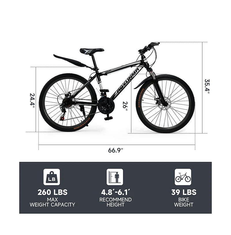 Artudatech Unisex 26" Spoke Wheel 24 Speed Mountain Bike Mtb with Disc Brake