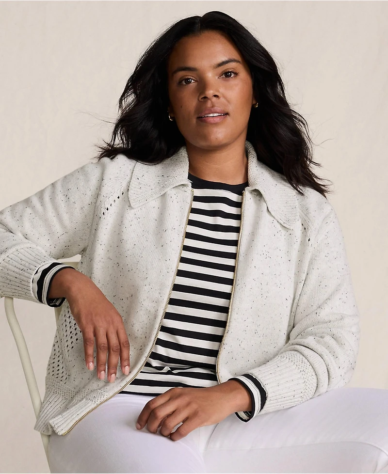 Lands' End Plus Drifter Large Collar Zip Front Cardigan Sweater