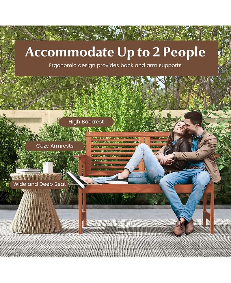 Gymax Outdoor Bench with Cushion 2-Person Patio Bench w/Slatted Back & Seat Garden Backyard Balcony