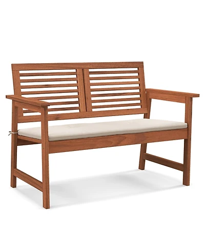 Gymax Outdoor Bench with Cushion 2-Person Patio Bench w/Slatted Back & Seat Garden Backyard Balcony
