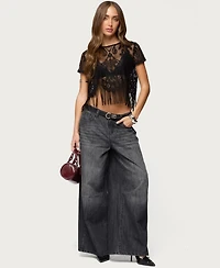 Edikted Women's Kira Sheer Lace Fringe Top