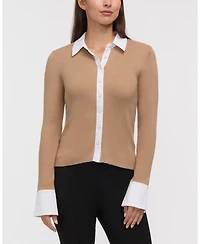 Ellen Tracy Women's Rib Shirt with Poplin Trims