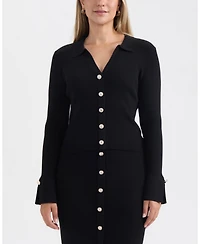 Ellen Tracy Women's Rib Knit Polo with Button Detail