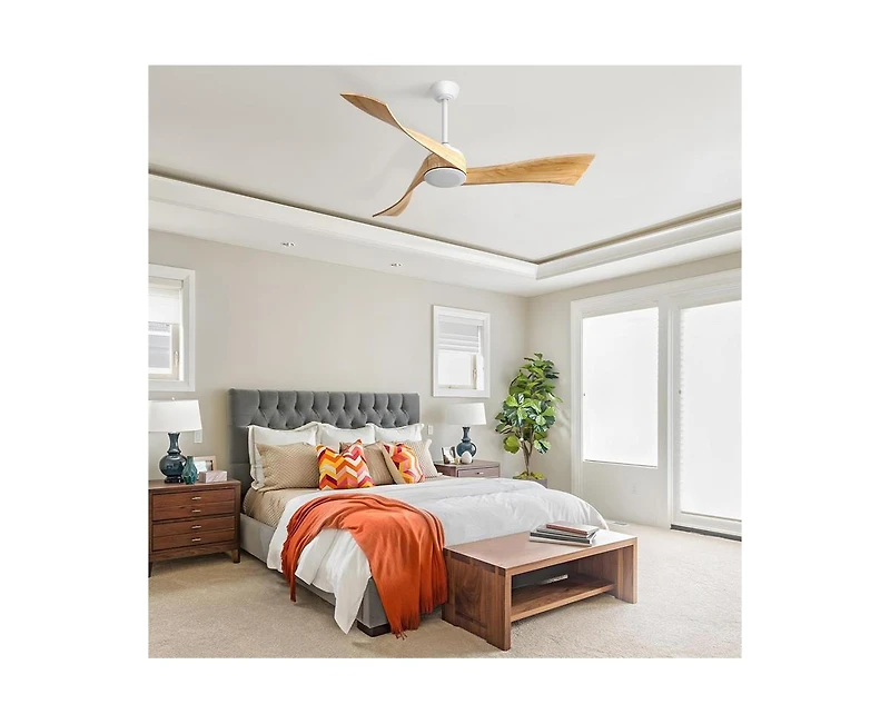 52-inch Modern White 3 Solid Wood Blade Ceiling Fan with Six Speed Remote Control and Forward Reverse Function for Bedrooms Living Rooms and Kitchens