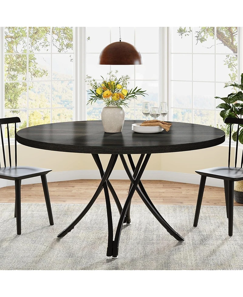 Tribesigns Black Dining Table for 4, 47-Inch Round Kitchen Table, Modern Wood Dining Room Table with Sturdy Cross Metal Legs for Kitchen Living Room