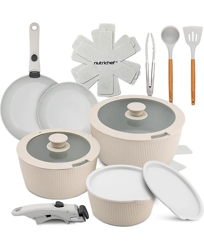 NutriChef 18-Piece Ceramic Nonstick Cookware Set with Detachable Handles NCCS18DTHCR