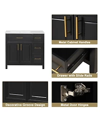 Casainc 36" Bathroom Vanity with Sink Top, Cabinet Two Doors and Three Drawers, Solid Wood Mdf Boards, One Package