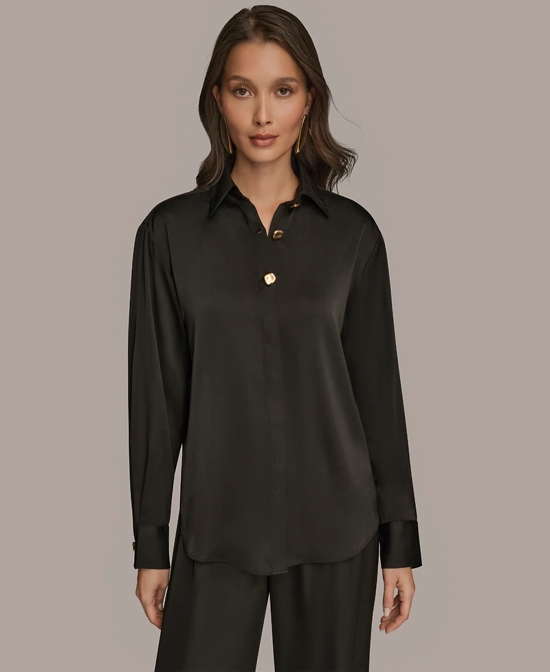 Donna Karan New York Women's Silk Collared Long Sleeve Button Down Top