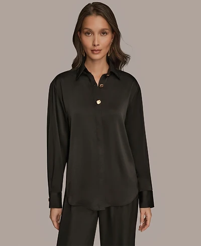 Donna Karan New York Women's Silk Collared Long Sleeve Button Down Top
