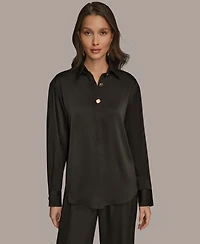 Donna Karan New York Women's Silk Collared Long Sleeve Button Down Top