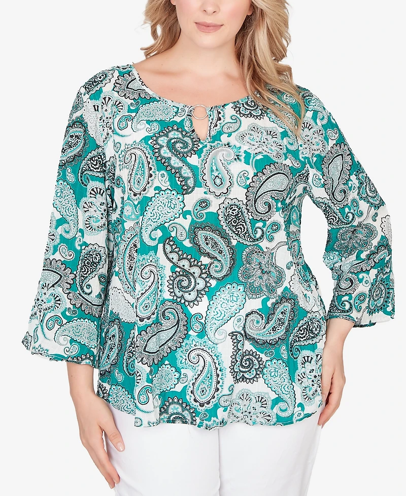 Hearts Of Palm Plus Printed Woven Crinkle 3/4 Sleeve Top